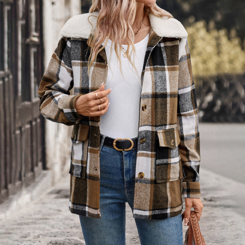 All Match Retro Style Brushed Lapel Plaid Coat For Women