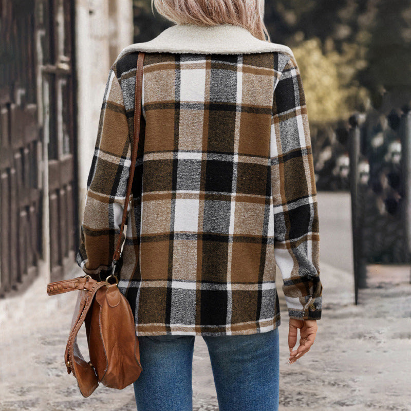 All Match Retro Style Brushed Lapel Plaid Coat For Women