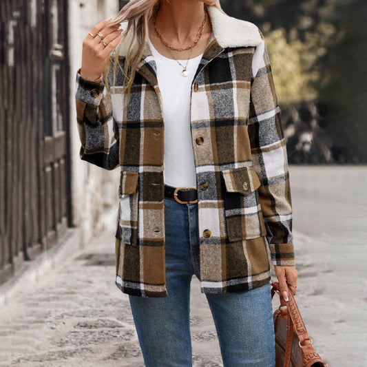 All Match Retro Style Brushed Lapel Plaid Coat For Women