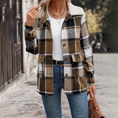 All Match Retro Style Brushed Lapel Plaid Coat For Women